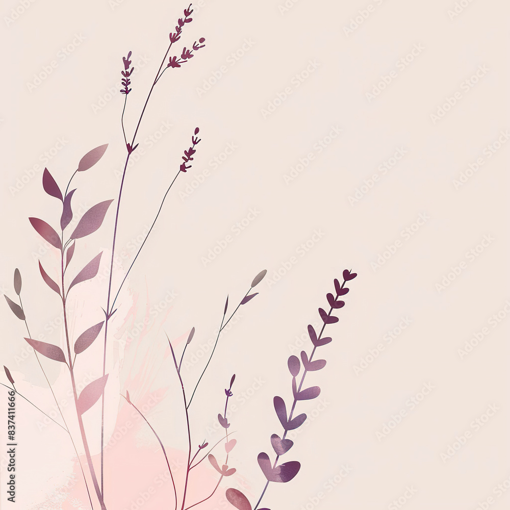 A delicate floral design with purple and pink flowers and branches on a beige background. Generated by AI. A delicate floral design with purple and pink flowers and branches on a beige background. Generated by AI.