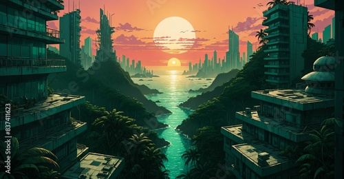 futuristic cyberpunk lo-fi sci-fi tropical city buildings balcony view from skyscraper over ocean seashore water sunset night. overgrown exterior terrace over the sea under sun and clouds.