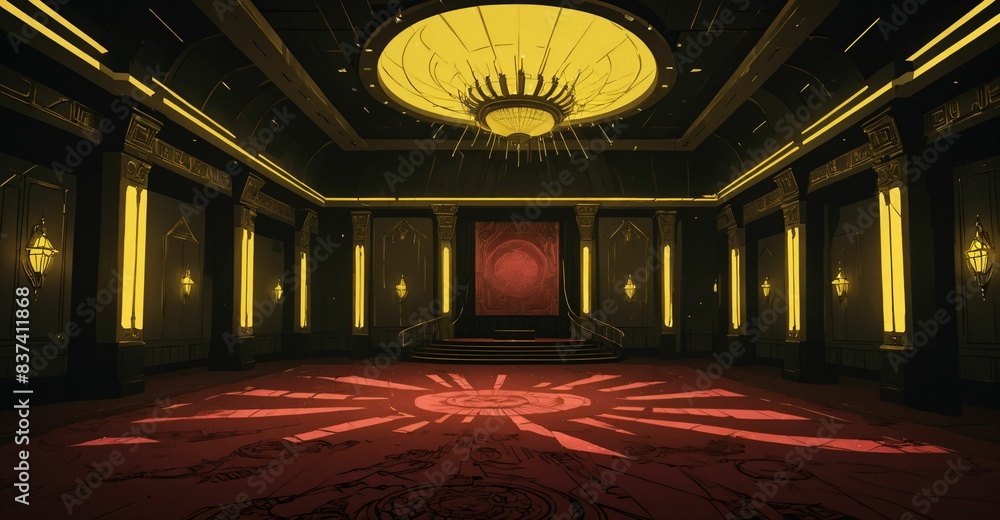 Fototapeta premium cyberpunk palace ballroom theatre hall. futuristic abandoned sci-fi neon cyber amphitheater auditorium empty room. royal dance hall in noble mansion interior. 