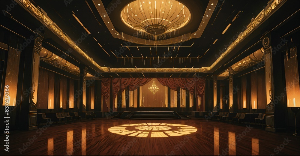Obraz premium cyberpunk palace ballroom theatre hall. futuristic abandoned sci-fi neon cyber amphitheater auditorium empty room. royal dance hall in noble mansion interior. 