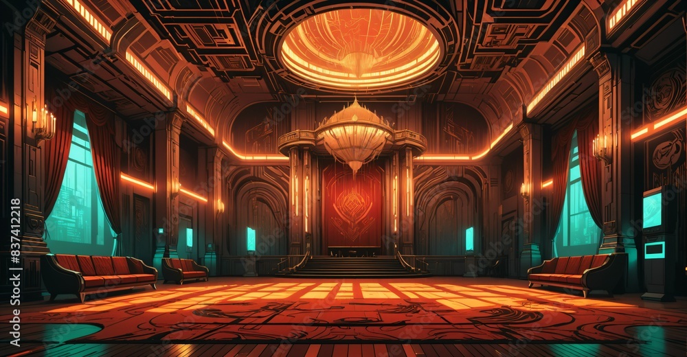 Obraz premium cyberpunk palace ballroom theatre hall. futuristic abandoned sci-fi neon cyber amphitheater auditorium empty room. royal dance hall in noble mansion interior. 