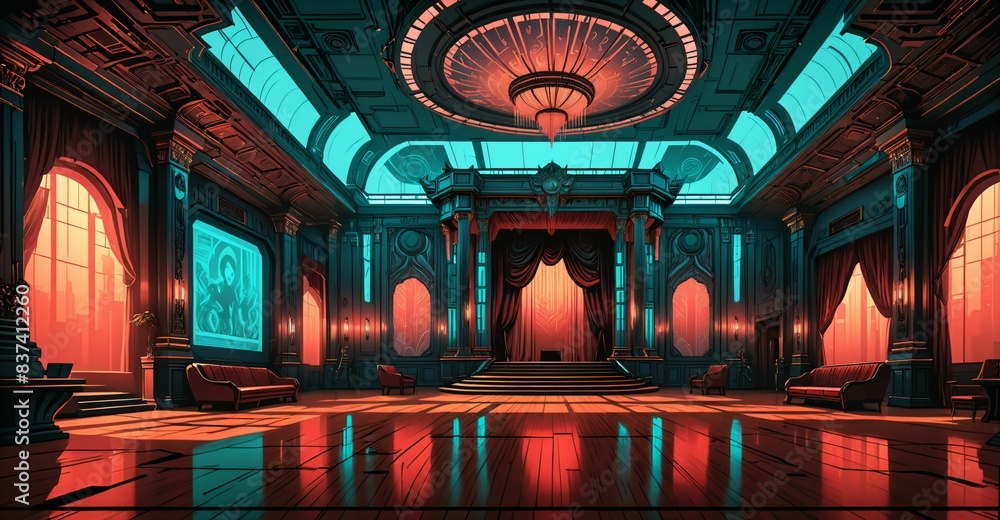 Obraz premium cyberpunk palace ballroom theatre hall. futuristic abandoned sci-fi neon cyber amphitheater auditorium empty room. royal dance hall in noble mansion interior.