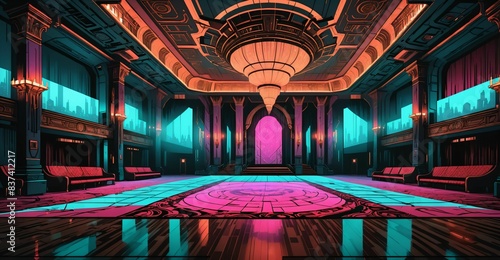 cyberpunk palace ballroom theatre hall. futuristic abandoned sci-fi neon cyber amphitheater auditorium empty room. royal dance hall in noble mansion interior.	