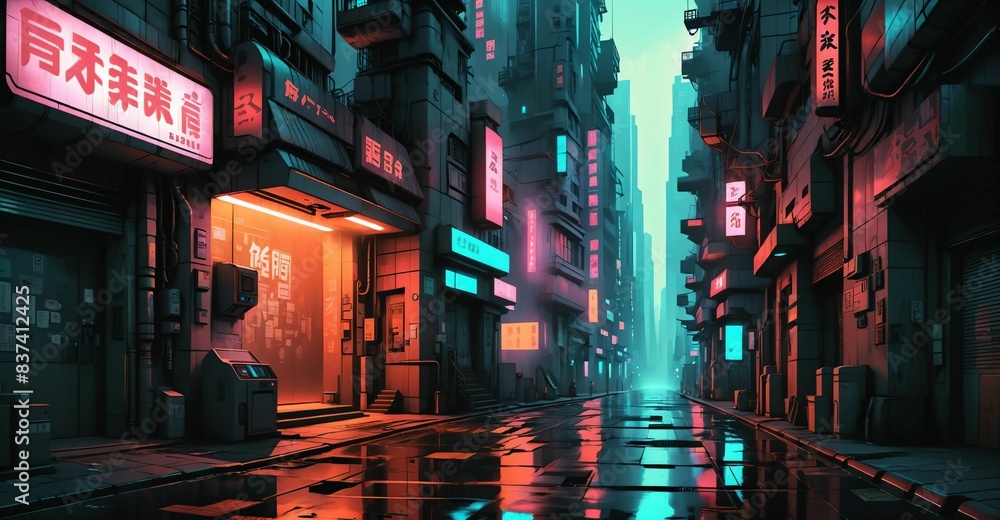 Obraz premium cyberpunk futuristic sci-fi city street road with shops and tall buildings at night. night life in cyber district with neon signs and wet road reflections. skyscrapers and stores.