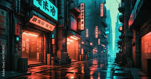 cyberpunk futuristic sci-fi city street road with shops and tall buildings at night. night life in cyber district with neon signs and wet road reflections. skyscrapers and stores.
