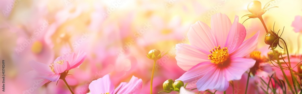 Beautiful spring summer bright natural background with colorful cosmos flowers close up. Pink Cosmos flower close up against blurred background in summer garden. Beautiful spring summer bright natural background with colorful cosmos flowers close up. Pink Cosmos flower close up against blurred background in summer garden.