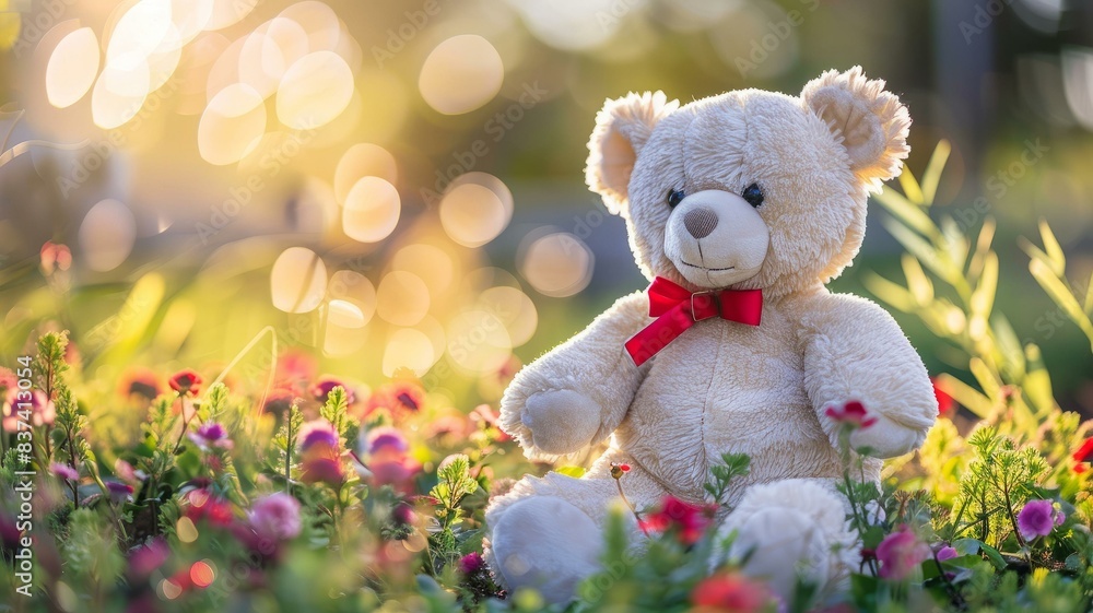 Fototapeta premium Teddy bear with red bow tie in blooming garden under golden sunlight with bokeh background for springtime themes