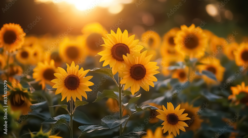 Fototapeta premium Sunflower in a field at sunset , close-up of a sunflower