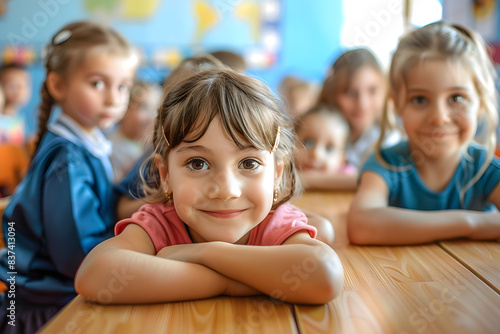 A group of smiling young children sit at their desks in a primary school classroom, engaged in learning and enjoying their education