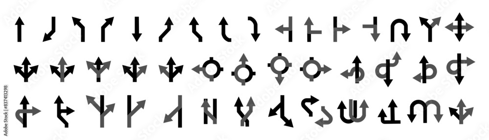 Icons with direction arrows on a road or highway. Collection of road direction signs. Road navigation arrows. Path direction arrows. EPS 10 Icons with direction arrows on a road or highway. Collection of road direction signs. Road navigation arrows. Path direction arrows. EPS 10