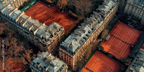 Bird's eye view of Paris tennis court, with Eiffel Tower in the distance photo