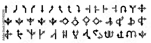 Icons with direction arrows on a road or highway. Collection of road direction signs. Road navigation arrows. Path direction arrows. EPS 10