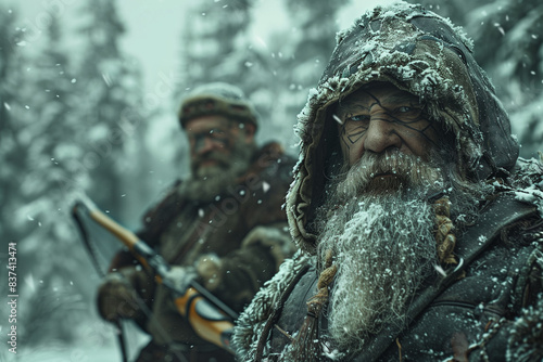 pair of dwarven hunters in snow, forest setting, winter scene, rugged, fantasy atmosphere