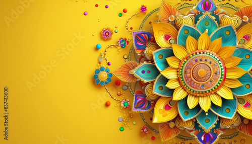 Greeting card banner for festival. Colorful floral mandala patterns on a vibrant yellow background