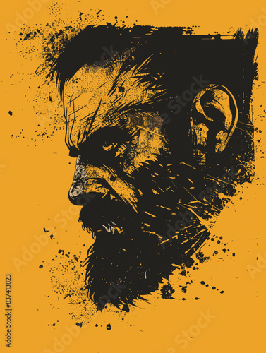 A man with a beard and a black face. The man is wearing a yellow shirt. The man has a serious look on his face