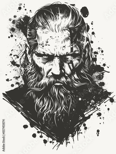 A man with a beard and a beard is drawn in black and white. The man has a menacing look on his face and is wearing a black shirt. The image has a dark and moody atmosphere