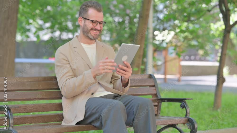 Middle Aged Man Celebrating Success on Tablet while Sitting Outdoor on Bench Middle Aged Man Celebrating Success on Tablet while Sitting Outdoor on Bench