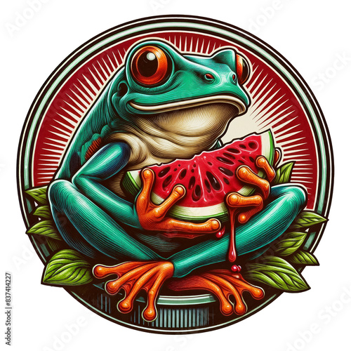 Funny Frog Watermelon Emblem: A Vibrant Design for Logos and Badges. Isolated (cut) background photo