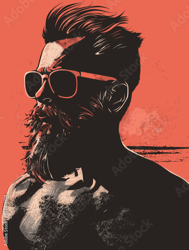 A man with a beard and sunglasses is standing on a beach. The image has a bold and vibrant color scheme, with the red background and the man's hair and sunglasses creating a striking contrast
