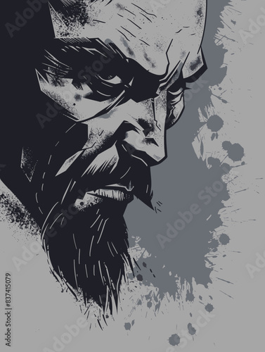 A man with a beard and a beard is drawn in a black and gray color. The man has a serious and angry expression on his face