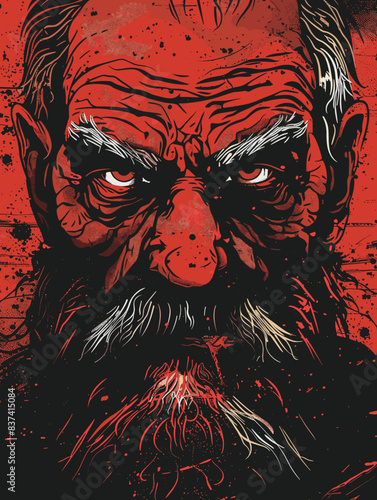 A man with a beard and red eyes. The man is angry and has a menacing look on his face