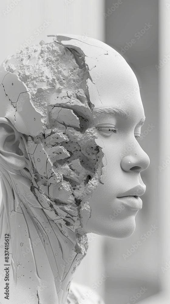 Close-up of a human head with half of the face breaking apart revealing mechanical and cracked texture. Human-machine integration and decay concept. Close-up of a human head with half of the face breaking apart revealing mechanical and cracked texture. Human-machine integration and decay concept.