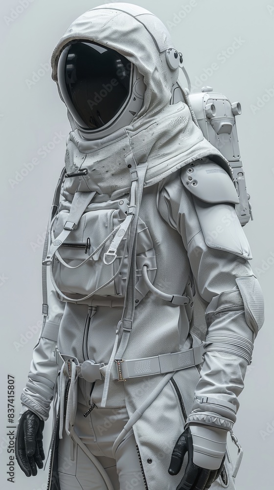 Front view of a person in a detailed spacesuit with a backpack against a plain background. Space exploration and astronaut suit design concept. Front view of a person in a detailed spacesuit with a backpack against a plain background. Space exploration and astronaut suit design concept.