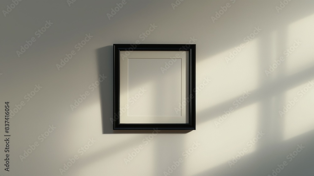Black frame with white background on a neutral wall with sunlight casting shadows through a window Black frame with white background on a neutral wall with sunlight casting shadows through a window