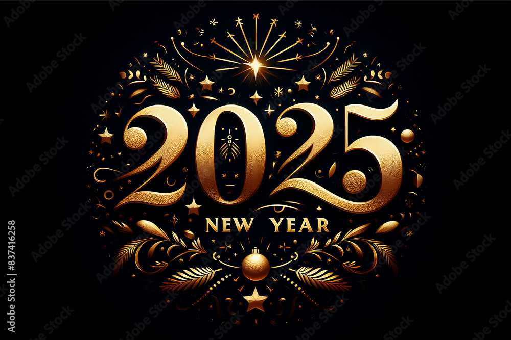 New Year 2025, Elegant 2025 Festive Decoration on Dark Background, Golden 2025 New Year Celebration Design, Luxurious Gold Foil Typography for 2025, Sparkling Golden New Year 2025 Illustration