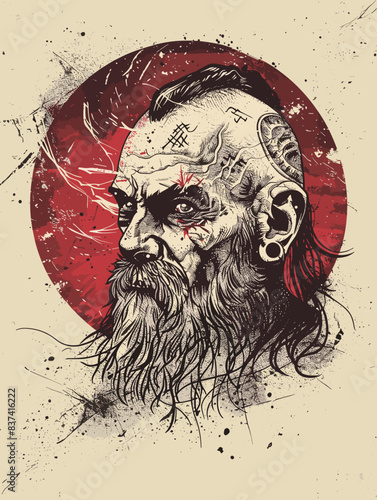 A man with a beard and dreadlocks is depicted with a red circle in the background. The man's face is drawn with a menacing expression, and he is wearing earrings. The image has a dark and eerie mood