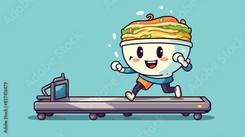 Noodle bowl cartoon character walking on the treadm