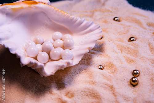 Large sea shell on sand and blue background with gold beads