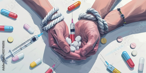 Reinvention through Detachment: A person's wrists are freed from the shackles of addiction, represented by broken syringes, discarded pills and needles, signifying their journey towards reclaiming con photo