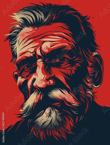 A man with a beard and mustache is shown in a red background. The man's face is drawn with a lot of detail, and the beard is very prominent. Scene is somewhat serious and contemplative
