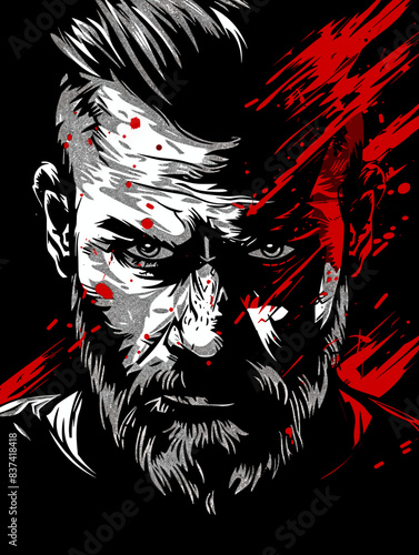 A man with a beard and a red face with blood splatters