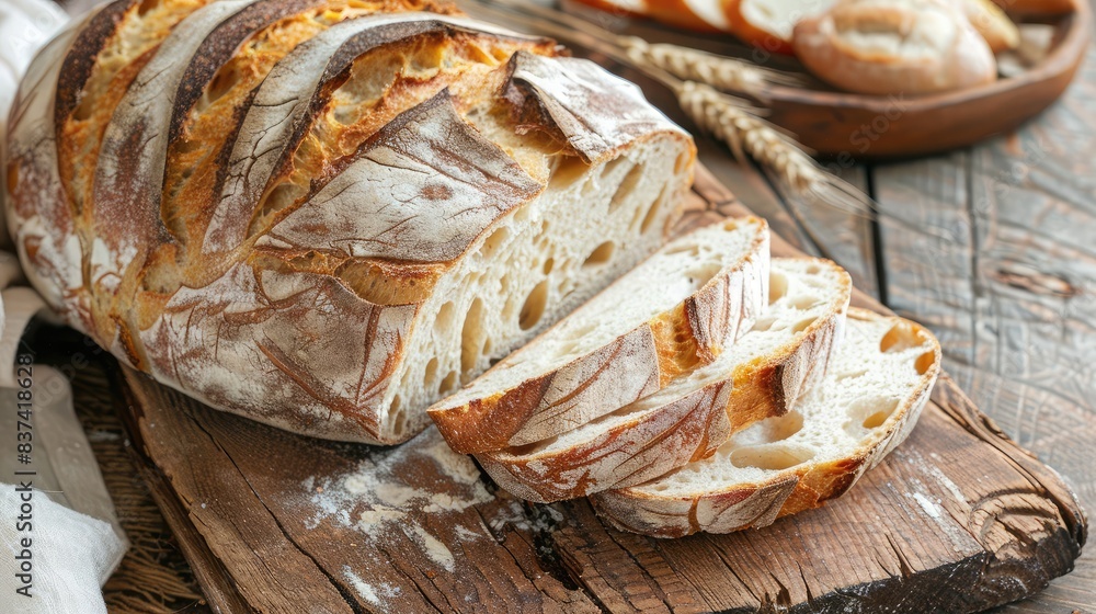 Artisan sourdough bread sliced and displayed on a rustic wooden table, emphasizing its traditional baking method Artisan sourdough bread sliced and displayed on a rustic wooden table, emphasizing its traditional baking method