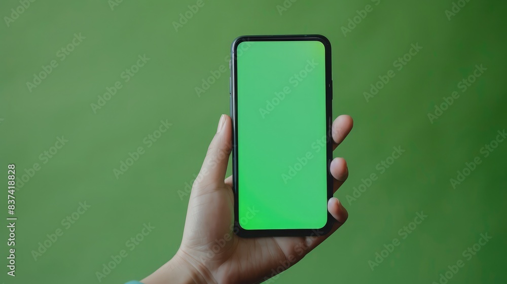 Close-up of a hand showing a smartphone with a green screen, ready for app mockups or promotional content Close-up of a hand showing a smartphone with a green screen, ready for app mockups or promotional content