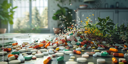 A thought-provoking photograph of a pile of prescription drugs spilling out onto the floor, contrasted with images of nature or recovery, highlighting the destructive effects of addiction on individua photo