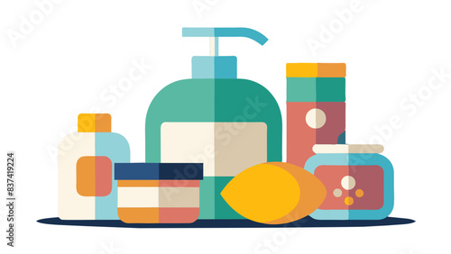collection of hygiene products including soap dispensers and containers.