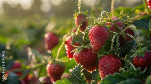 Dew-covered strawberries glistening in the morning sun at a thriving strawberry farm