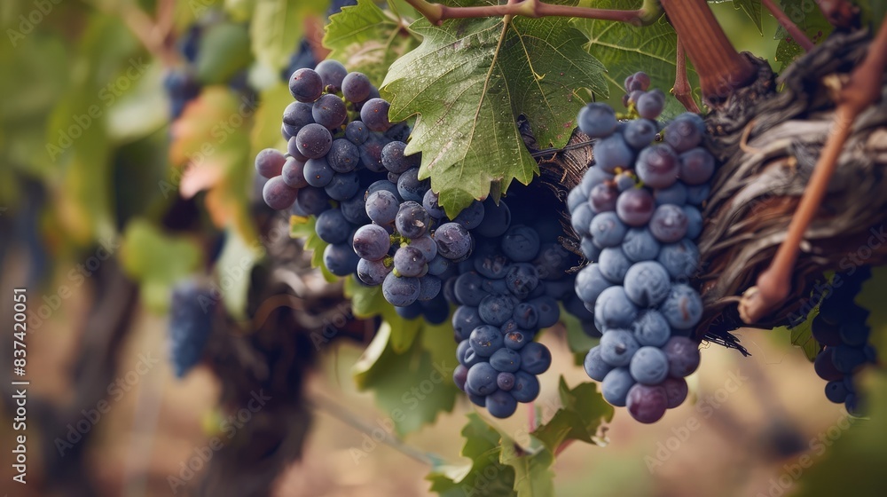 Freshly grown Shiraz grapes on the vine, ready to be harvested for winemaking Freshly grown Shiraz grapes on the vine, ready to be harvested for winemaking
