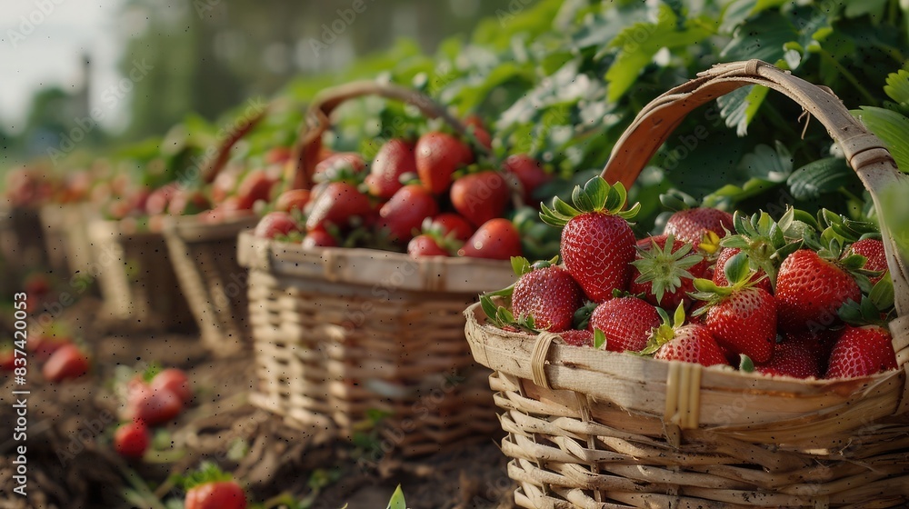 Freshly picked strawberries in baskets, ready for market at a bustling strawberry farm Freshly picked strawberries in baskets, ready for market at a bustling strawberry farm