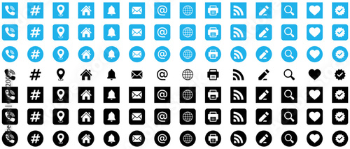 Contact web icons set. Telephone call icon. Email address icon. Website globe icon. Like love icon. Notification bell icon. Hashtag icon. Verified badge icon. Edit pen icon. Search icon