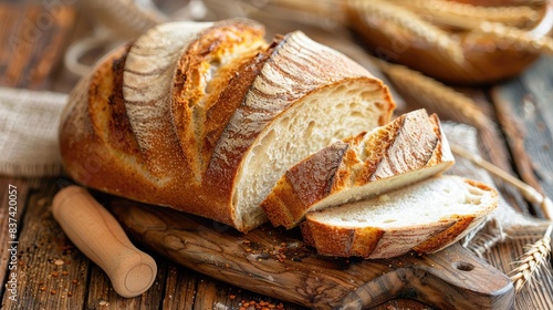 Freshly sliced traditional sourdough bread on a rustic wooden background, highlighting its golden crust and soft interior