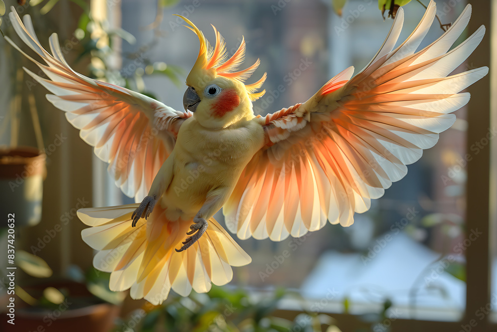 Obraz premium Colorful cockatiel mid-flight, wings spread wide at home. The room with natural light, neutral walls, a few hanging plants, a large window allowing sunlight, bird feathers highlighted beautifully.