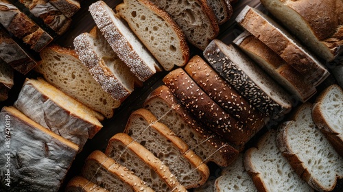 Overhead shot of a variety of sliced bread types, showcasing their texture and crust