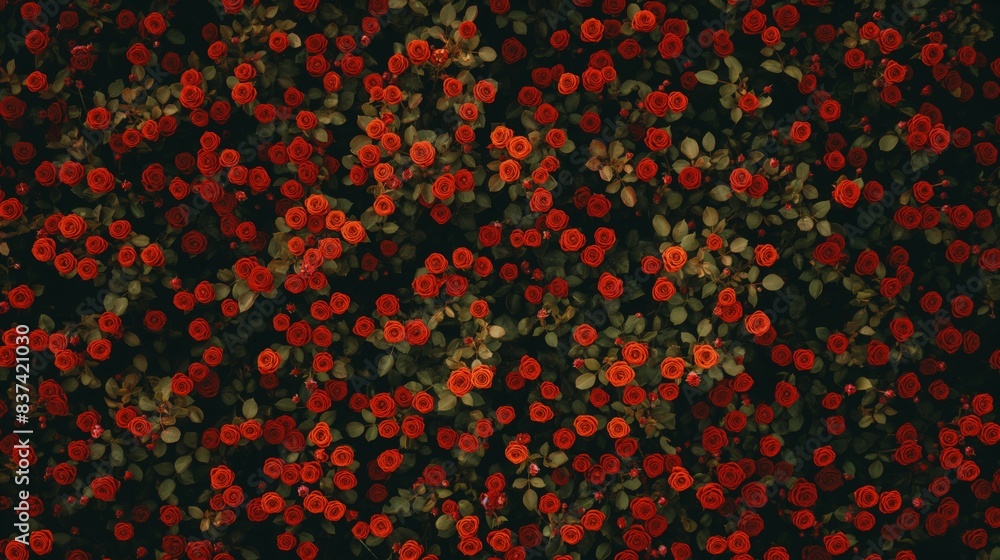 Top-down view of a dense field of vibrant red roses in full bloom with green leaves in a natural garden setting Top-down view of a dense field of vibrant red roses in full bloom with green leaves in a natural garden setting