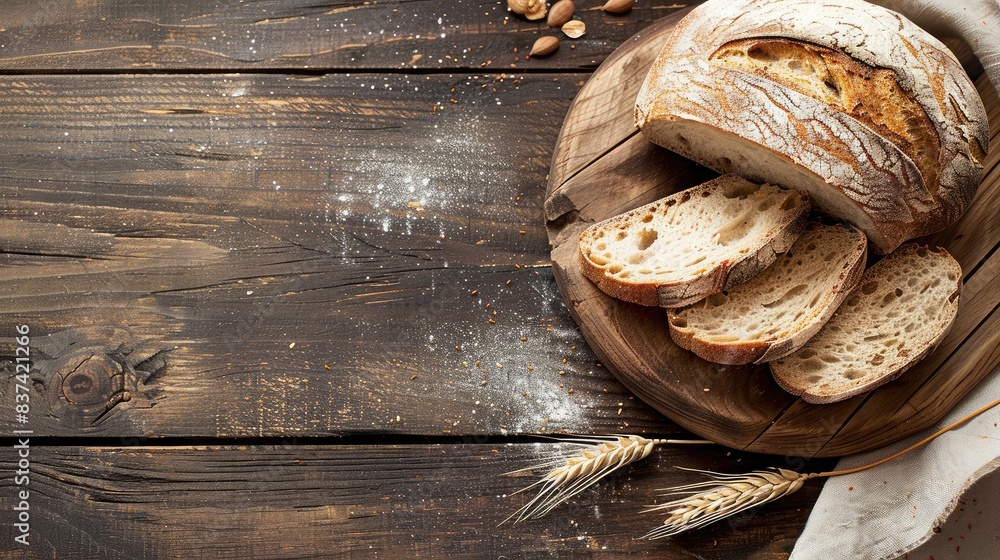 Rustic wooden table with slices of traditional sourdough bread arranged neatly, emphasizing its artisanal quality Rustic wooden table with slices of traditional sourdough bread arranged neatly, emphasizing its artisanal quality