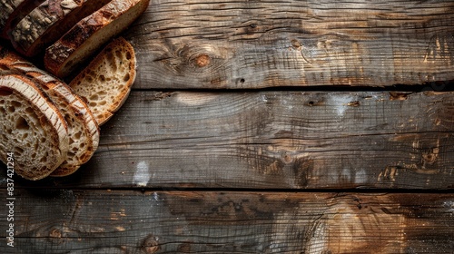 Rustic wooden table with slices of traditional sourdough bread arranged neatly, emphasizing its artisanal quality