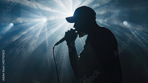 Silhouette of a rapper with a cap and mic, delivering powerful lyrics under stage lights